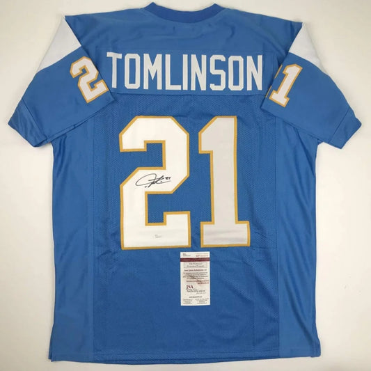 Autographed LaDainian Tomlinson powder blue custom jersey, back view, number 21