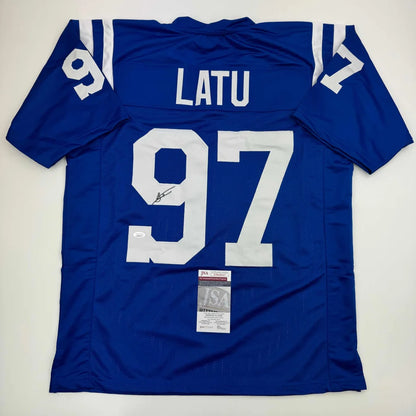 Signed Laiatu Latu Indianapolis blue custom jersey with 97 on back, authentic collectible