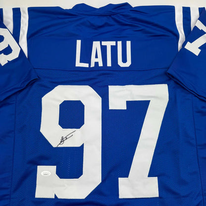 Blue Indianapolis Blue custom jersey with white numbers and Laiatu Latu autograph
