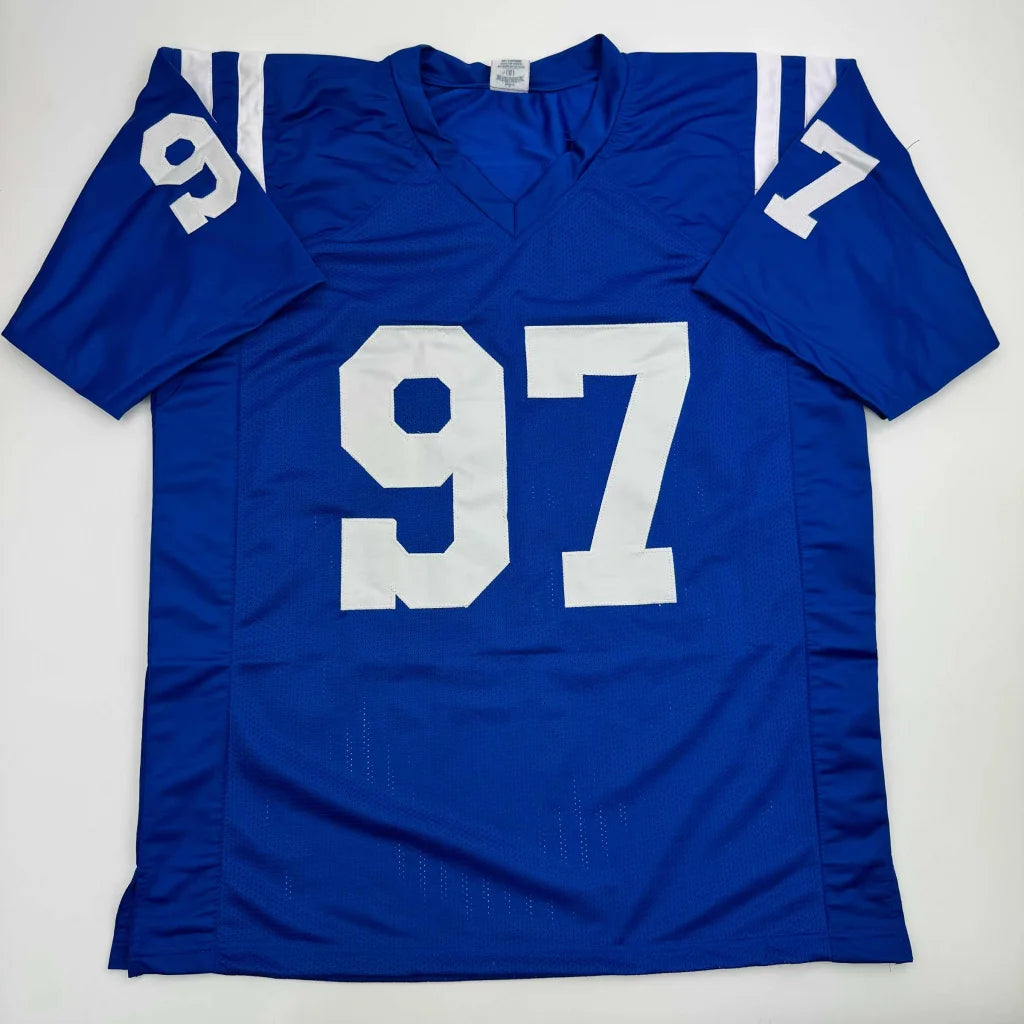Blue athletic jersey with white 97 numbers from Laiatu Latu Indianapolis custom jersey collection