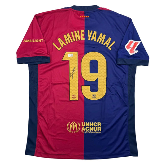 Autographed Lamine Yamal FC Barcelona red-blue striped jersey with number 19
