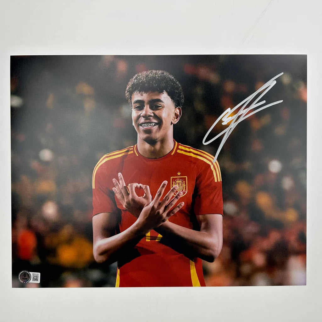 Signed Lamine Yamal Spain photo smiling OK gesture red yellow jersey Beckett COA