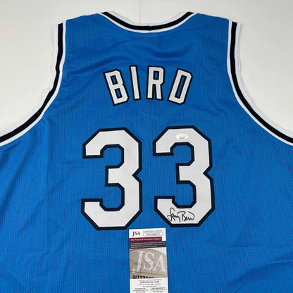 Autographed Larry Bird custom jersey, blue Indiana State with name Bird and number 33
