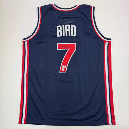 Autographed Larry Bird United States USA Blue 1992 Dream Team Basketball Jersey Beckett BAS COA | Hall of Fame Sports Memorabilia | vintageantiquesgifts.com