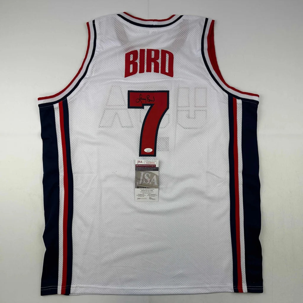 Autographed Larry Bird USA 1992 Dream Team white mesh custom jersey with red bird above number 7