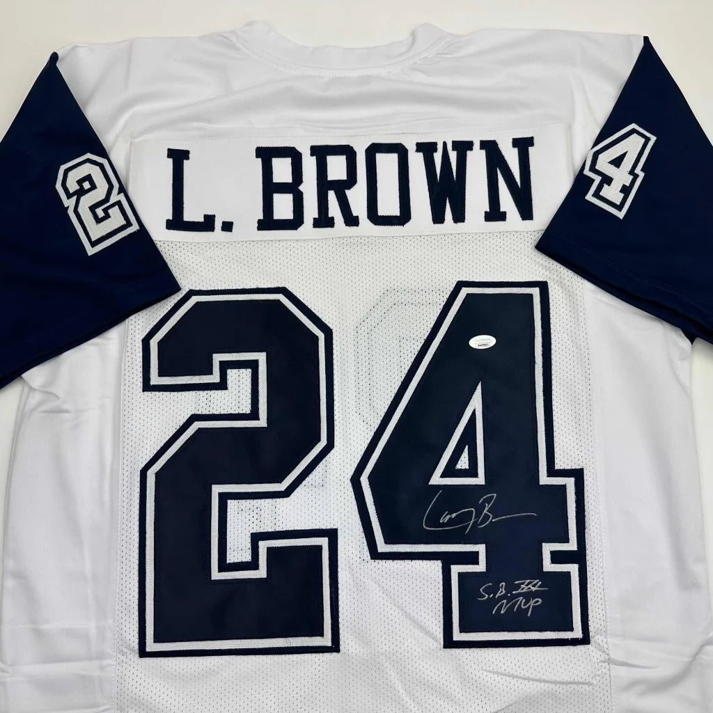 Autographed/Signed Larry Brown Super Bowl XXX MVP Dallas White Color Rush Football Jersey JSA COA
