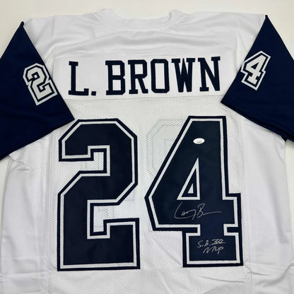 Autographed/Signed Larry Brown Super Bowl XXX MVP Dallas White Color Rush Football Jersey JSA COA