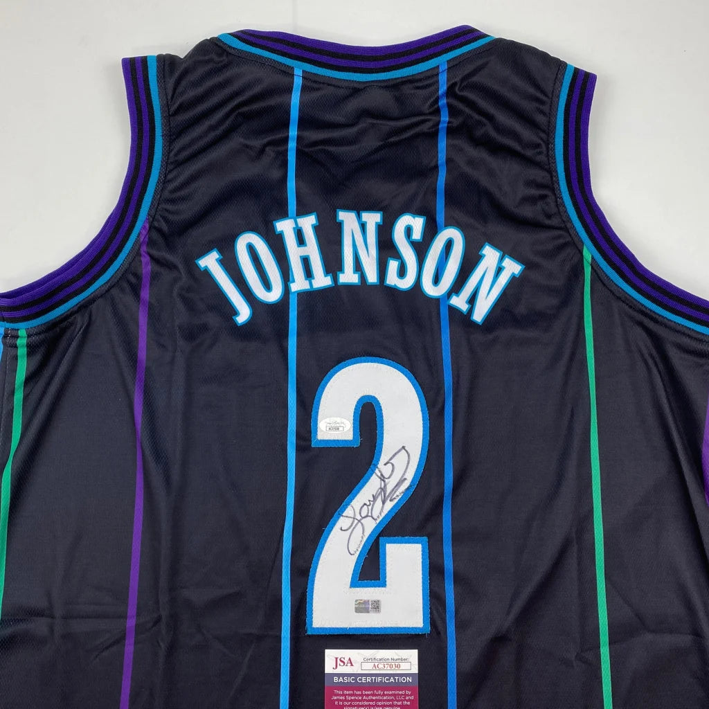 Autographed Larry Johnson Charlotte Black Basketball Jersey JSA COA | Certified Authentic Signed Memorabilia | vintageantiquesgifts.com