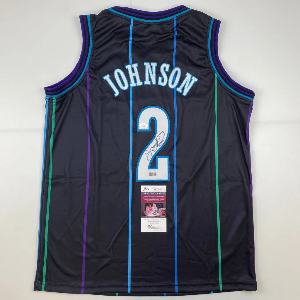 Autographed Larry Johnson Charlotte Black Basketball Jersey JSA COA | Hall of Fame Sports Memorabilia | vintageantiquesgifts.com