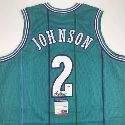 Johnson Charlotte Teal custom jersey with autograph and PSA DNA COA display