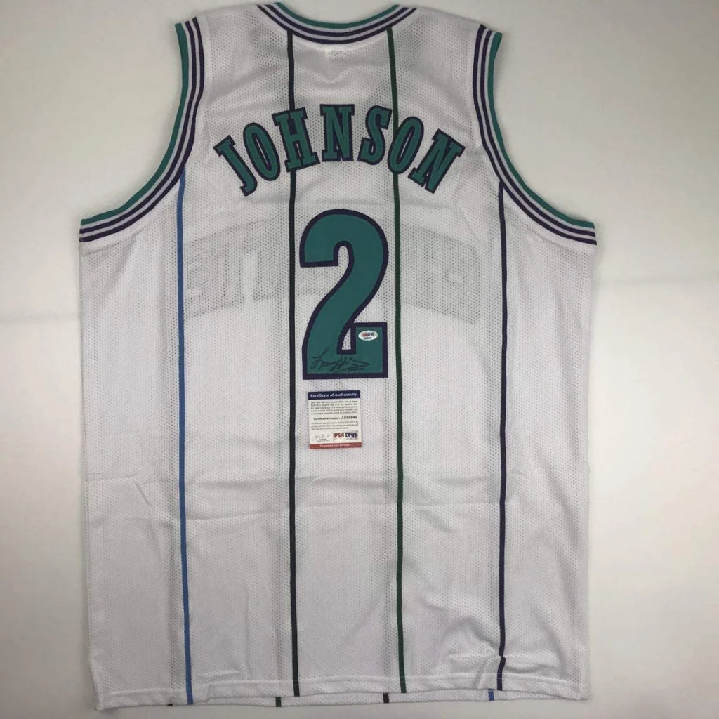 Autographed Larry Johnson custom jersey back, Charlotte white mesh with teal trim, number 2, PSA/DNA COA