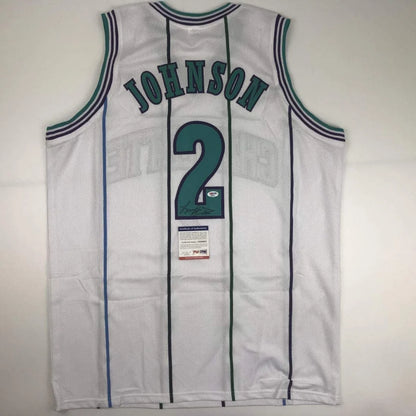 Autographed Larry Johnson custom jersey back, Charlotte white mesh with teal trim, number 2, PSA/DNA COA