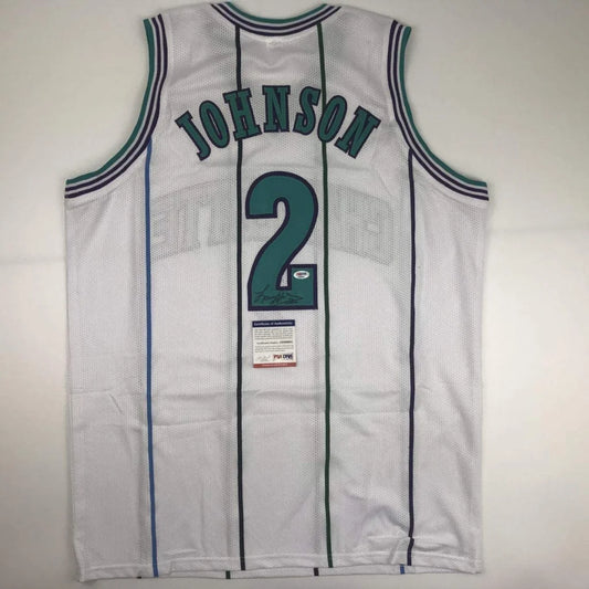 Autographed Larry Johnson custom jersey back, Charlotte white mesh with teal trim, number 2, PSA/DNA COA