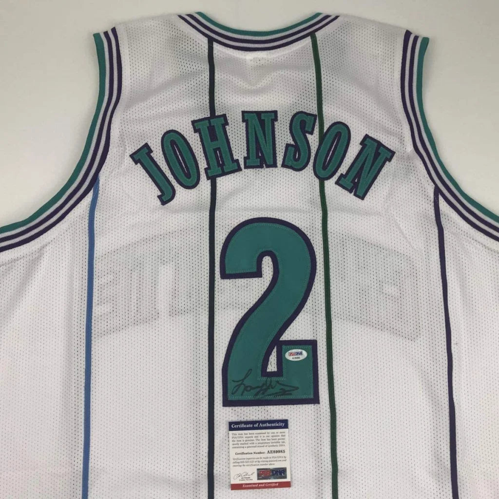 Autographed Larry Johnson custom jersey back, Charlotte white mesh with teal trim, Johnson arched above 2, PSA/DNA COA