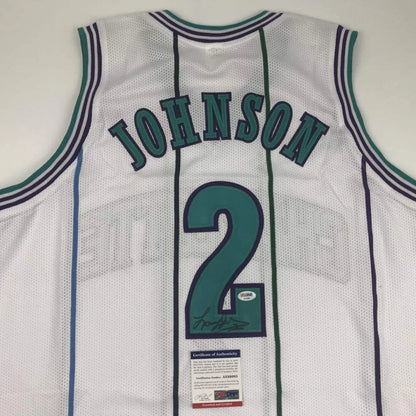 Autographed Larry Johnson custom jersey back, Charlotte white mesh with teal trim, Johnson arched above 2, PSA/DNA COA