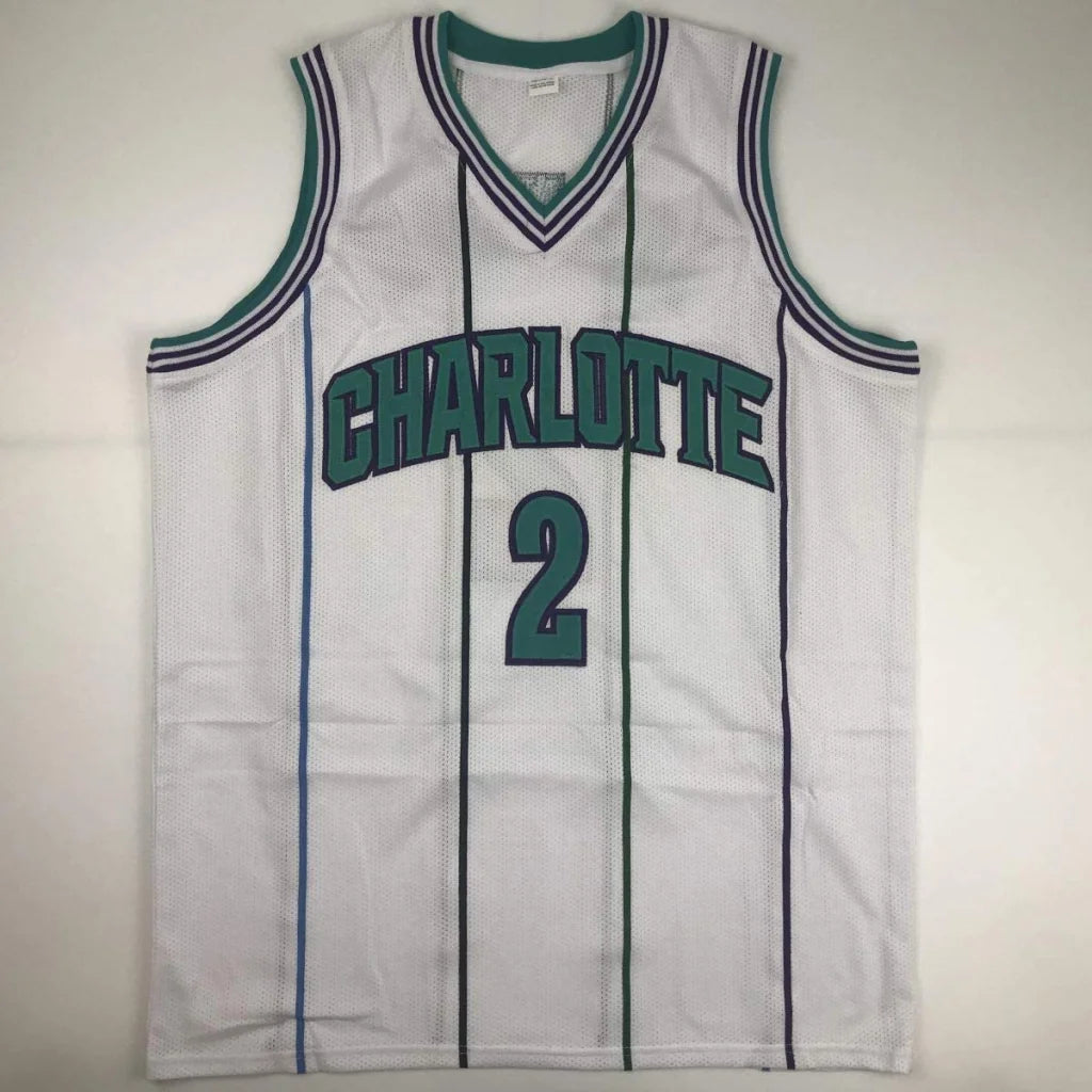 Autographed Larry Johnson Charlotte white mesh custom jersey number 2
