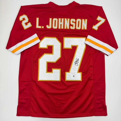 Autographed Larry Johnson Kansas City Red Football Jersey Beckett BAS COA | Hall of Fame Sports Memorabilia | vintageantiquesgifts.com