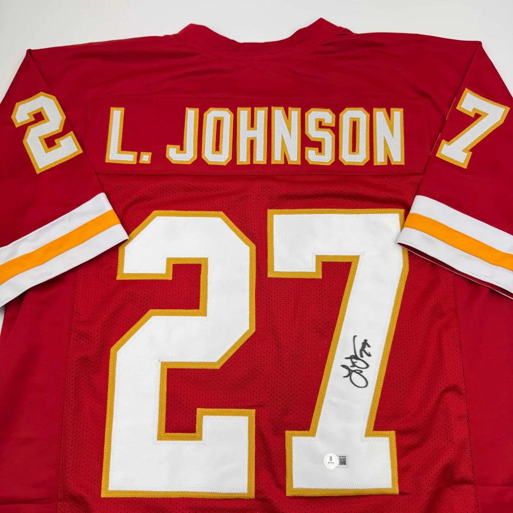 Autographed Larry Johnson Kansas City Red Football Jersey Beckett BAS COA | Certified Authentic Signed Memorabilia | vintageantiquesgifts.com
