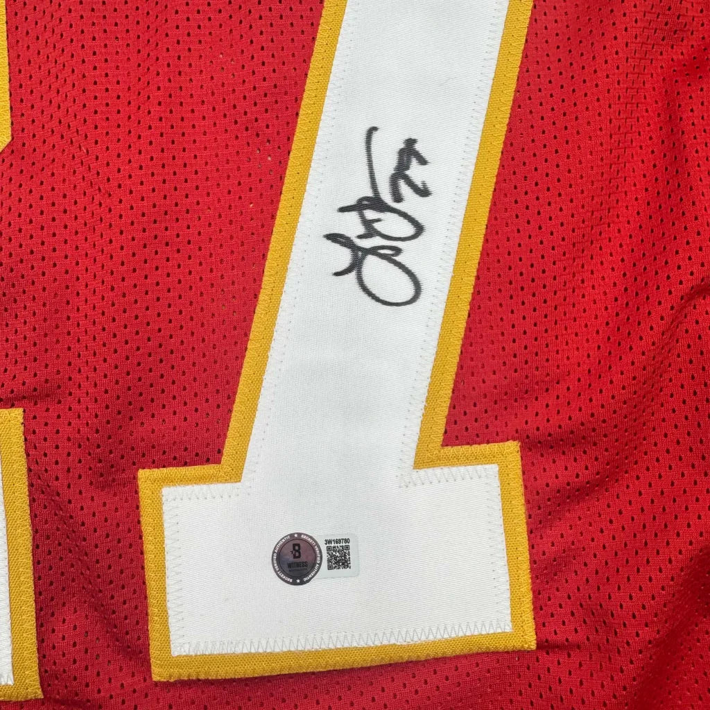 Autographed Larry Johnson Kansas City Red Football Jersey Beckett BAS COA | Authenticated Signed Sports Jersey | vintageantiquesgifts.com