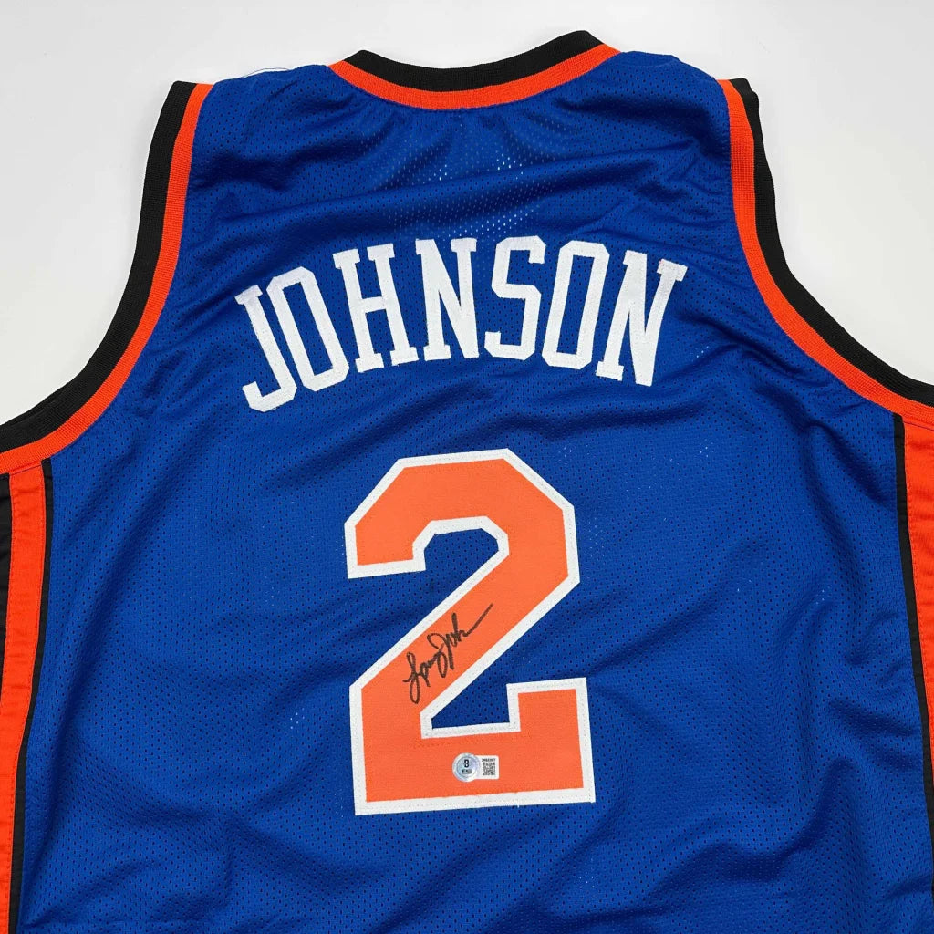 Autographed Larry Johnson New York Knicks blue custom jersey back, number 2