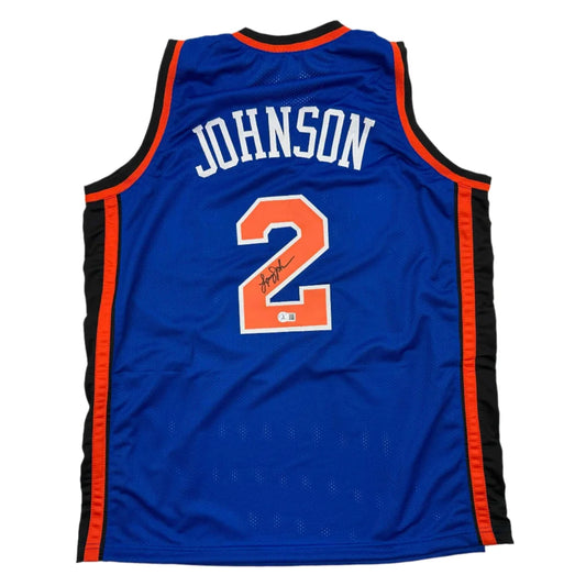 Autographed Larry Johnson New York Knicks blue custom jersey back, number 2
