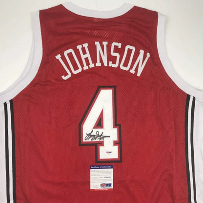 Red custom jersey with JOHNSON 4 autographed, authentic collectible from professional sports league
