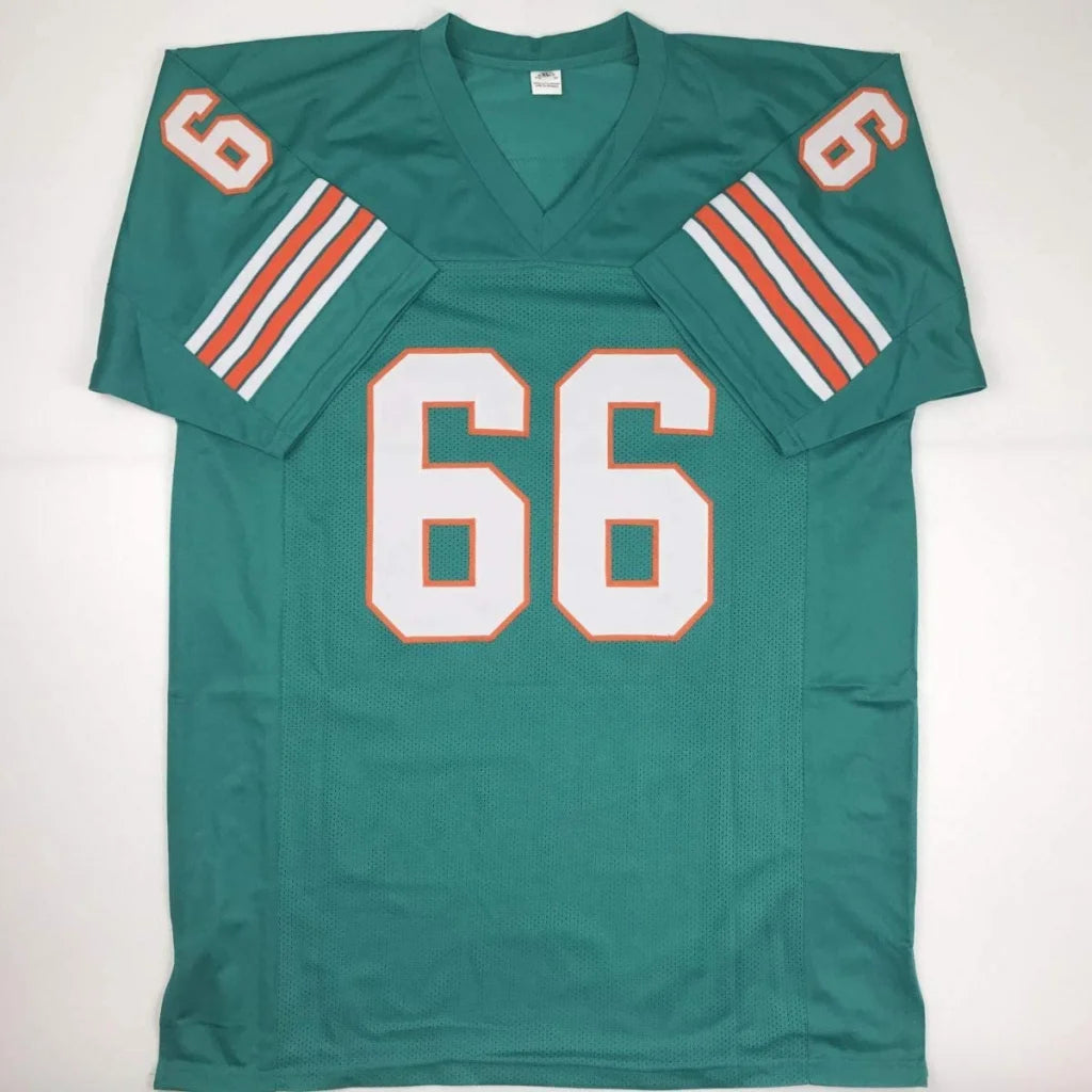 Teal green custom football jersey with orange and white stripes for professional sports league