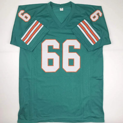 Teal green custom football jersey with orange and white stripes for professional sports league