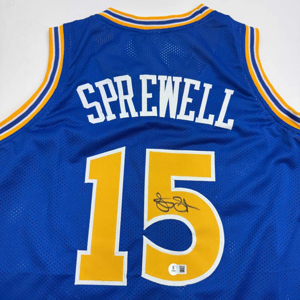 Autographed Blue and Gold Latrell Sprewell Custom Jersey for professional sports fans