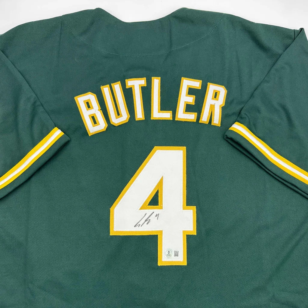 Autographed Lawrence Butler green custom jersey back, number 4, Beckett BAS COA