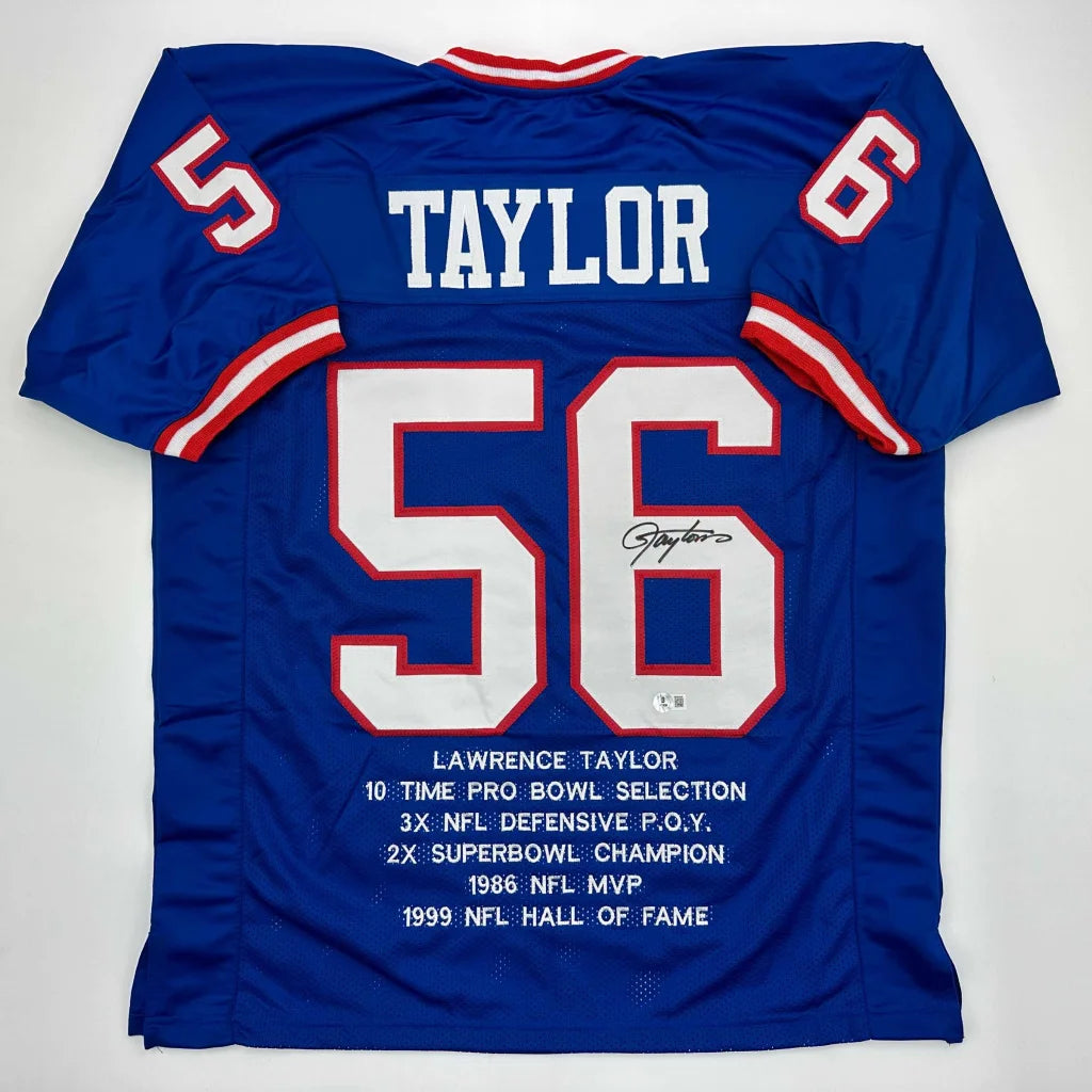 Blue football jersey with white and red accents from Lawrence Taylor signed professional sports league custom jersey