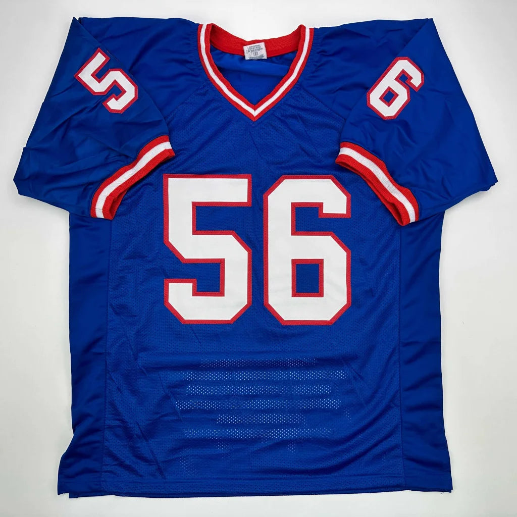 Blue football jersey with white and red trim from Lawrence Taylor signed custom jersey professional sports league