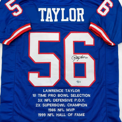 Autographed Lawrence Taylor New York Giants blue custom jersey with stats