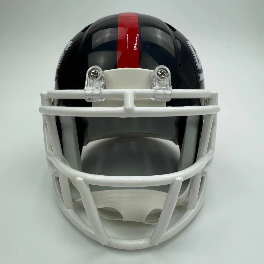 Black Giants football helmet with red stripe and white facemask, third party authentication