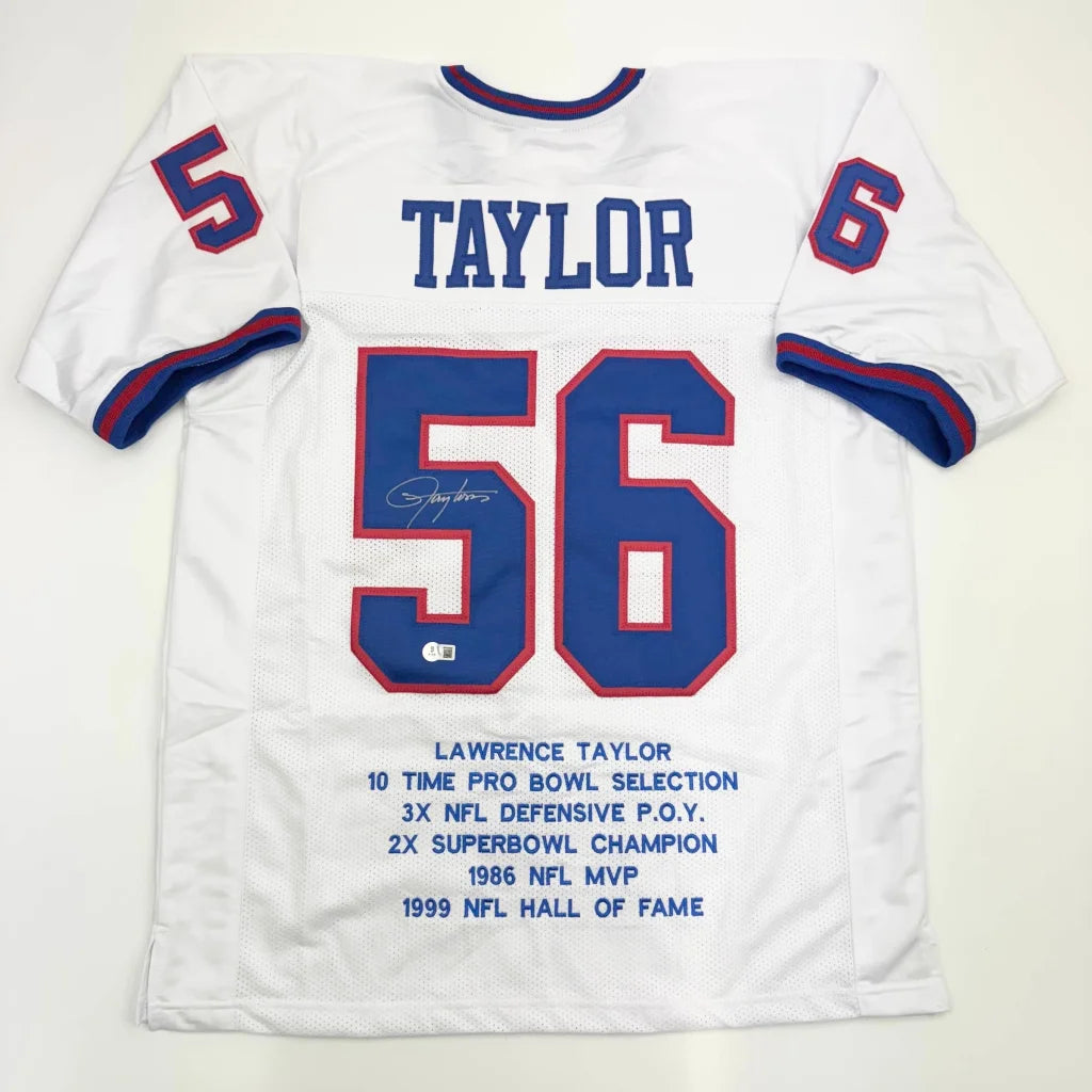Autographed Lawrence Taylor 56 custom jersey for professional sports fans and sports league collectors