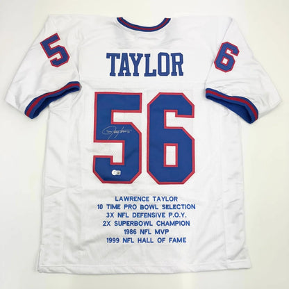 Autographed Lawrence Taylor 56 custom jersey for professional sports fans and sports league collectors
