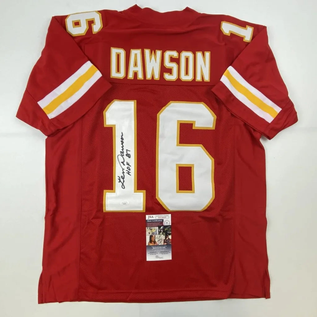 Back side of custom kansas city chiefs red football jersey number 16 with len dawson autograph and jsa coa certification professional sports league collectible