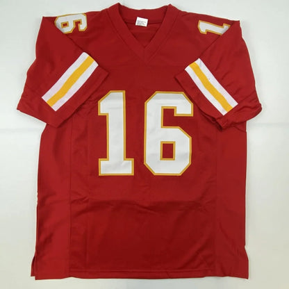 Red autographed Len Dawson custom jersey with white and gold numbering and stripes from professional sports league