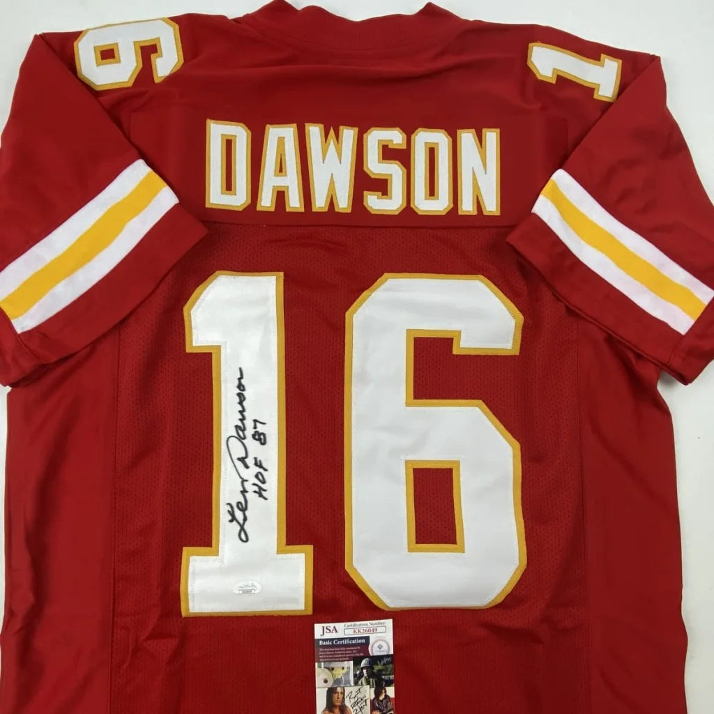 Back of red custom football jersey with white and gold lettering featuring dawson 16 signed by len dawson professional sports league
