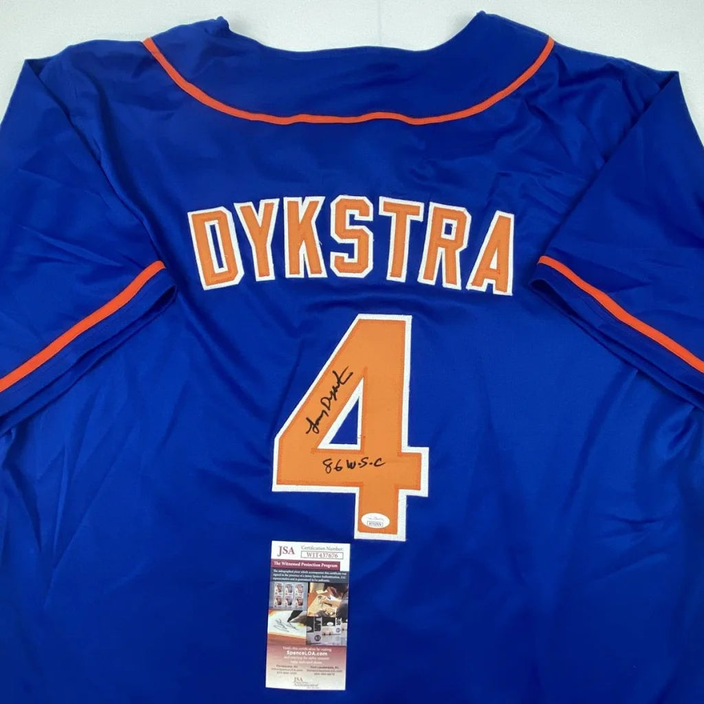 Autographed Lenny Dykstra 86 WS Champs New York Blue Baseball Jersey JSA COA | Certified Authentic Signed Memorabilia | vintageantiquesgifts.com