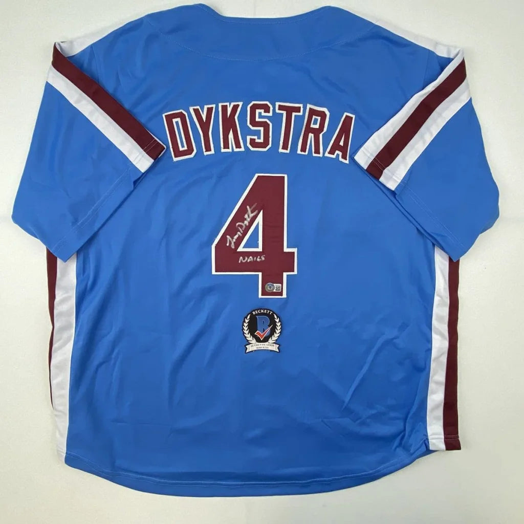 Autographed Lenny Dykstra Philadelphia Phillies custom jersey with blue retro design, number 4, JSA COA