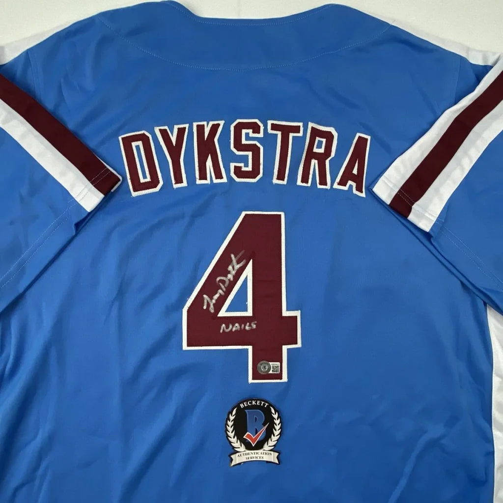Autographed Lenny Dykstra custom Philadelphia Phillies blue retro jersey, number 4