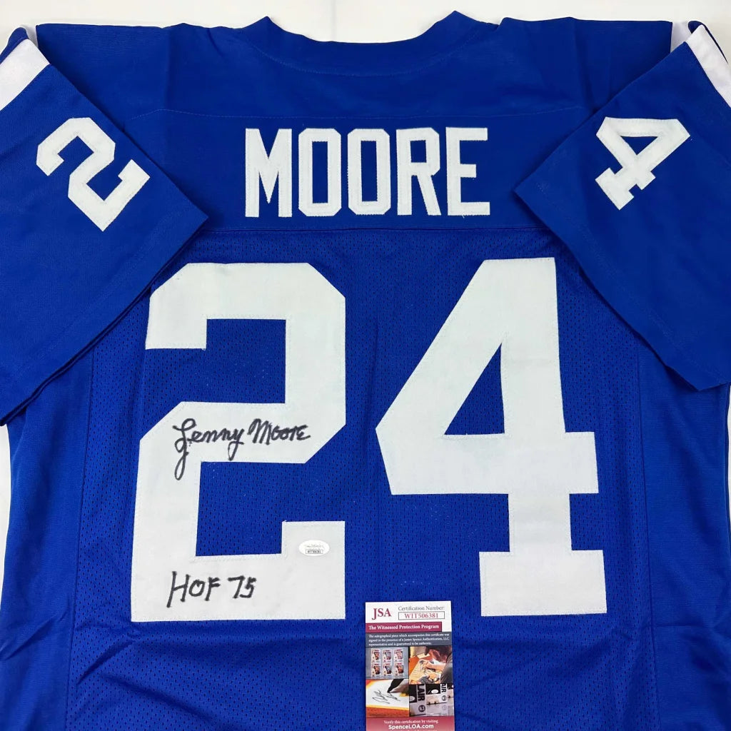Autographed blue custom jersey with white numbers from professional sports league