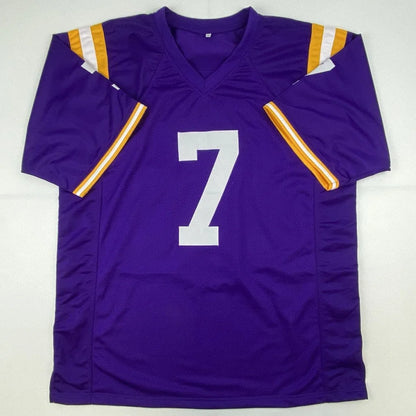 Autographed leonard fournette lsu purple custom jersey with white number 7 and gold sleeve stripes for professional sports fans