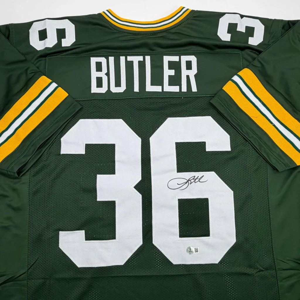 Autographed Leroy Butler Green Bay Green Football Jersey Beckett BAS COA | Certified Authentic Signed Memorabilia | vintageantiquesgifts.com