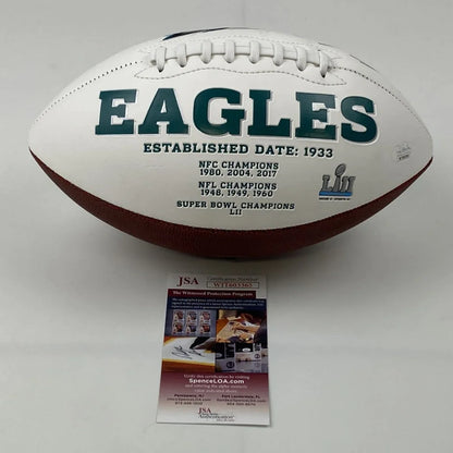 LeSean McCoy autographed Eagles full size white panel football close up showing signature and Eagles logo