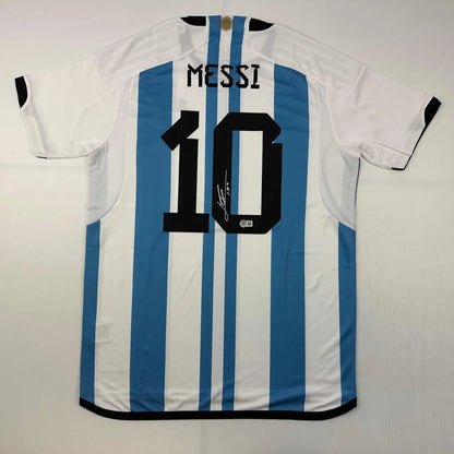 Autographed Lionel Messi Argentina blue white striped custom jersey with number 10