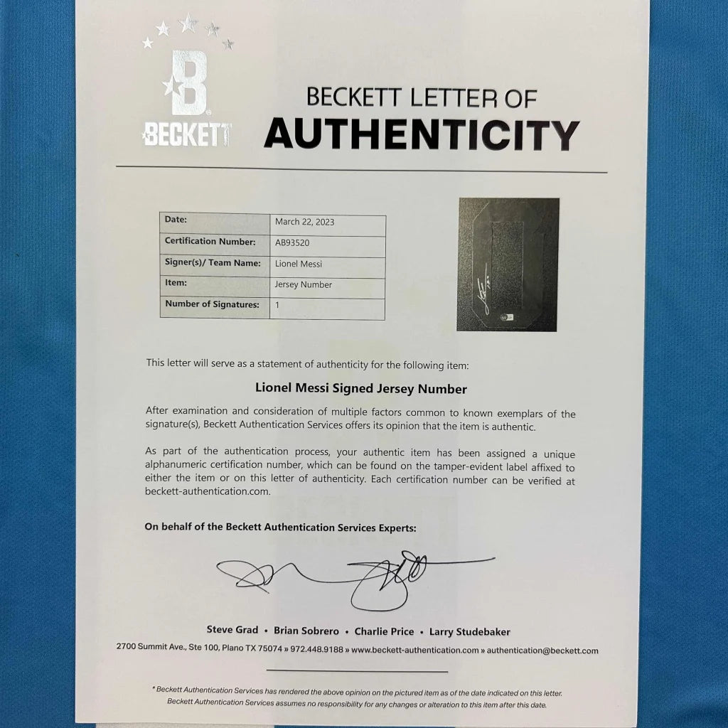 Beckett Letter of Authenticity for Lionel Messi signed custom jersey from professional sports league