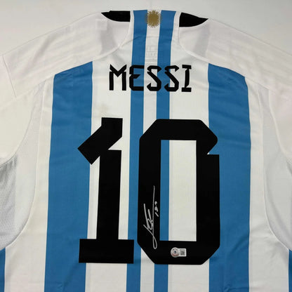 Autographed Lionel Messi Argentina jersey with blue white stripes, number 10, custom professional sports league jersey