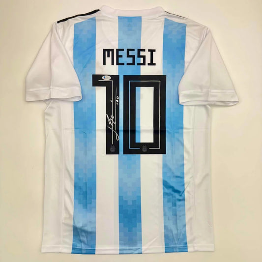 Autographed/Signed Lionel Leo Messi Argentina Blue/White Soccer Jersey Beckett BAS COA